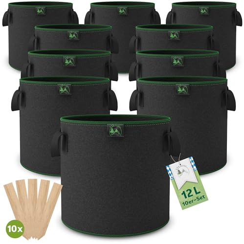 TTL GARDEN 10x 12L Pflanzsack aus Vlies Stoff aus 300 g/m² Filz & Vlies - | Stofftopf 10er Set 12 Liter Pflanztaschen - Pflanzgefäß Pflanzbeutel Wachstumstasche für Balkon Terrasse Gewächshaus Garten