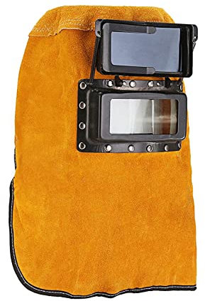 DIKAMAN Leder-Schweißeranzug Schweißermaske -15 ° -65 ° Lederhaube Praktischer Schweißhelm Schutzgelb Schleifbogenfunke mit Kopfmontage Hitzebeständig und flammhemmend