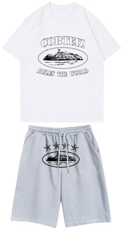 corteiz Jogging Unisexe Combinaison Homme Combinaison Femme pour Le Sport Jogging Manches Courtes col Ras du Cou t-Shirt et Short White L