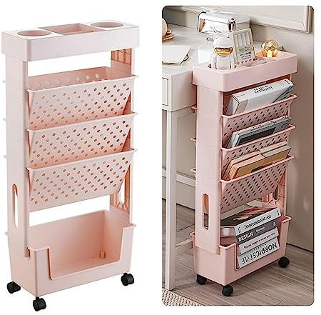 TUOYIBO Scaffale Mobile, Carrello Scaffale Mobile a 5 Livelli con Ruote, Scaffale Libreria Rimovibile Multifunzionale in Plastica, Scaffale Organizzativo Compatto e Pratico per la Casa,Rosa