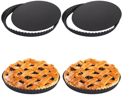 SHUESS 4 Pack Quiche Dish 28cm - 11 Inch Non-Stick Tart Tin - Round Quiche Tins with Loose Base - Carbon Steel Fluted Flan Tin with Loose Bottom for Baking Pie Tartlet Pizza (Black)