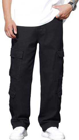 Zewool Mens Casual Baggy Cargo Denim Pants with Pockets Wide Leg Skater Jeans Y2k Hip Hop Streetwear Straight Trousers Relaxed Loose Fit 2000s Skateboard Street Wear Hiking Travel,A10 Black,XXL