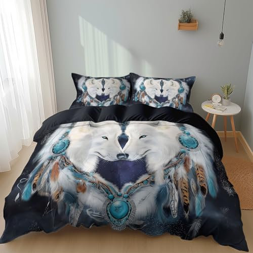 Blu Scuro Copripiumino Matrimoniale 240X220 Lupo A Forma Di Cuore 3D Stampa Morbida Microfibra Biancheria Da Letto Con Cerniera Per Bambini/Adulti 1 Copripiumino + 2 Federe 50X80 Cm