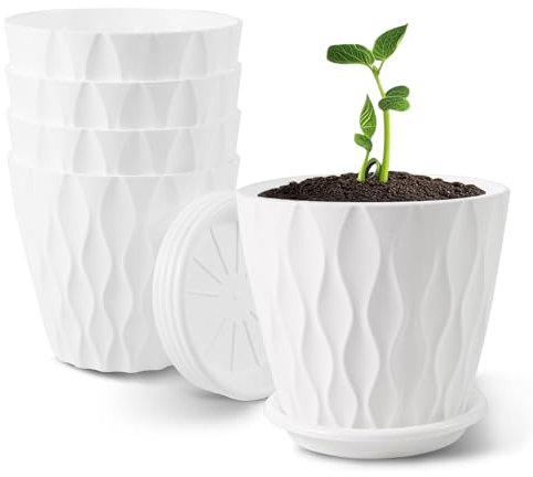 ALAGIRLS Plastkrukor 15 cm – 4 stycken planteringskrukor med dräneringshål och fat, set om 4 blomkrukor, moderna dekorativa planteringskrukor, vit