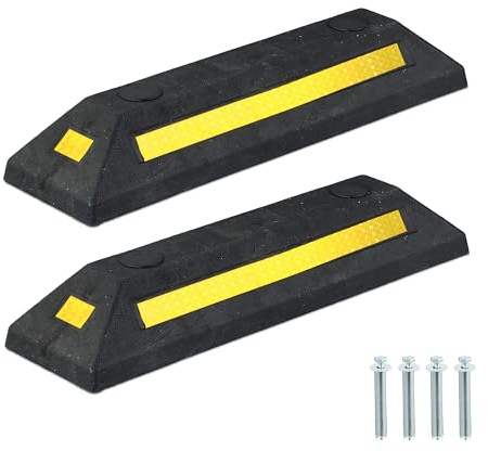 Relaxdays Fermaruota Garage, Set 2 Cunei Paracolpi Ferma Ruote Parcheggio Auto e Moto, HLP: 8,5x53x14,5 cm, Nero Giallo