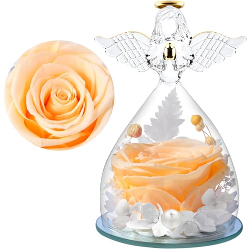 FRFG Ewige Rose Engel Geschenke für Mama, Ewige Rose im Glas Engel Figur Geschenke für Frauen Muttertag, Engel mit Rose Geburtstagsgeschenk für Frauen, Muttertagsgeschenk (Hellgelb)