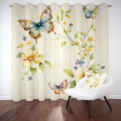 Sobhdga Frühling Garten Vorhänge, Schmetterling Rebe Vorhang Blickdicht, Blumenmuster Gardinen für Wohnzimmer Schlafzimmer, Kälteschutz Thermovorhang mit Ösen 2er Set H 200 x B 140 cm