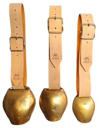 MELONI Runde Kuhglocke für Kälber, aus vermessingtem Eisen mit Lederhalsband, handgefertigt (10)