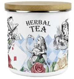Purely Home Alice's Adventures in Wonderland Herbal Tea Canister - Cartoon Characters White Rabbit & Mad Hatter Kitchen Gifts - Medium Metal Enamel Container 600ml