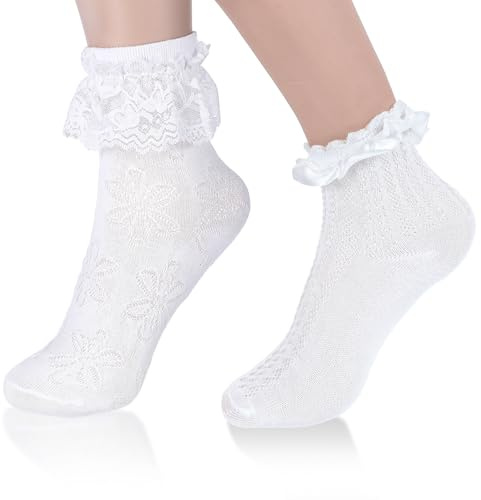 Tyqour 2 Paar Spitze Socken mit Rüschen Damen Weiße Söckchen mit Rüschen Socken Damen Süße Weiche Baumwollsocken Spitzensocken, Weiße Rüschensocken Set, Süße Ballettsocken für Mädchen