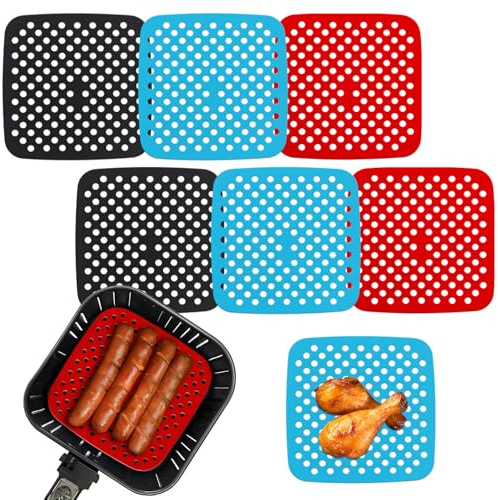6 Pack Square Silicone Air Fryer Liners – 8.5 Inch / 21.6 cm Reusable Nonstick Mats – Heat-Resistant, Dishwasher Safe Air Fryer Accessories – Black, Red, Sky Blue
