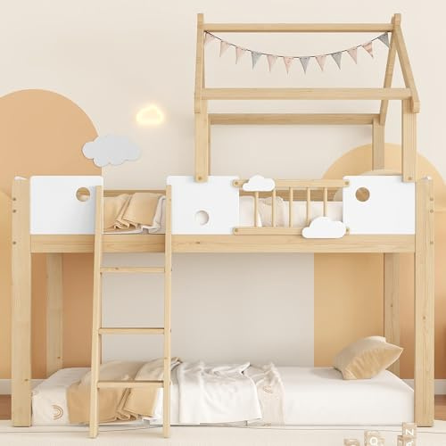 I0I&I0I Hochbett Kinder 90x200 cm – Kinderbett mit Fallschutz, Dachdesign & Leiter, Kiefer+MDF+Sperrholz, platzsparend, Spielbett für Kinderzimmer (Weiß Natur)