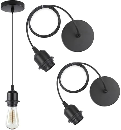 ZKFSIE 2 Black E27 Pendant Light Fittings, Ceiling Rose Light Fitting for DIY Lighting Projects, Industrial Style Black Light Pendant for Cafe Restaurant and Home Decor