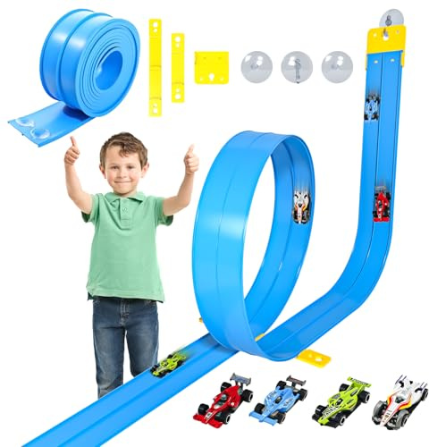 Flexibel bilbana 5 m, rullbar racerbana med sugkoppar, gör-det-själv-bilbana med 4 bilar, leksaker för barn från 3 år