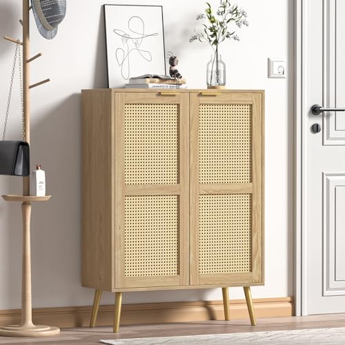 Skokliz Rattan Sideboard, Küchenschrank mit 2 Türen, Buffetschrank mit verstellbares Regal, Küchenbuffet für Küche Wohnzimmer Esszimmer, Flur, Holz, Landhausstil 80 x 34 x 112 cm