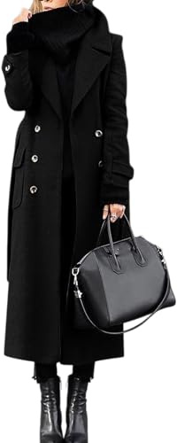 LIUYUYOUGO Women'S Wool Coat Long Winter Jacket Double Breasted Lapel Duster Trench Coat Elegant Slim Full Length Maxi Long Overcoat Peacoat Belted Warm Windproof Outwear