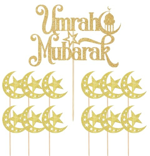 Wasise Umrah Mubarak Cake Topper - Hajj Cake Topper, Umrah Mubarak Decoration,Topper Cupcake Picks, Moon Star Eid Mubarak Cupcake12ps, for Eid Islamic Muslim Theme Party Cake Decorations Supplies