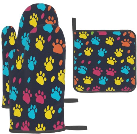 Ofenhandschuhe Und Topflappen Retro, Bunte Hundepfote Topfhandschuhe Heat Resistantbackhandschuhe Hitzebeständig Ofenhandschuh Und Topflappen Für BBQ Cooking 3Pcs