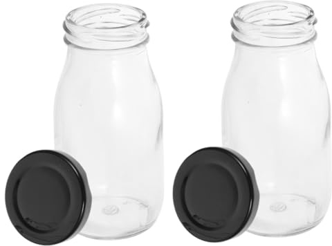 KICHOUSE Botellas de Vidrio Reutilizables para Leche y Yogur con Tapa Metálica Hermética, 200 Ml, Paquete de 2 Unidades, Recipientes Seguros para Almacenamiento de Bebidas en Cocina