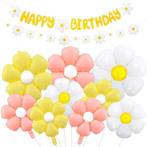 11 Pièces Decoration Marguerite Anniversaire, Marguerite Ballons Foil | Ballon Helium Fleur Anniversaire avec Bannières Marguerites, pour AnniversaireFille, Baby Showers, Mariage