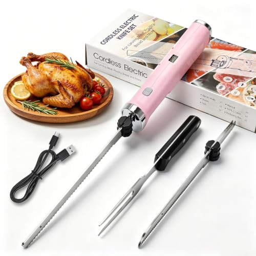 kswiown 8V Elektromesser, Elektrisches Messer mit 2 Edelstahlklingen | Kabelloses Küchenmesser mit Gabel, 2000 mAh Akku zum Schneiden von Truthahn Fleisch Brot Gemüse Obst Fisch (Rosa)