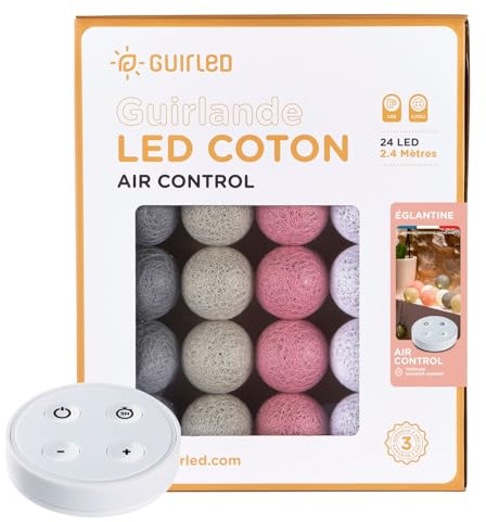 GuirLED - LED Baumwollkugeln Lichterkette USB - Drahtlose Fernbedienung - Baby Nachtlicht 2h - Dual USB 2A Netzteil enthalten - 4 Intensitäten – 24 Kugeln 2.4m - Églantine