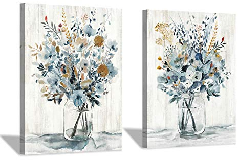Hardy Gallery Floral Canvas Wall Art Prints: Abstract Blossom Flower Bouquet in Glass Bottle Picture Print on Canvas Small Size for Dining Room (12'' x 16'' x 2 Panels)