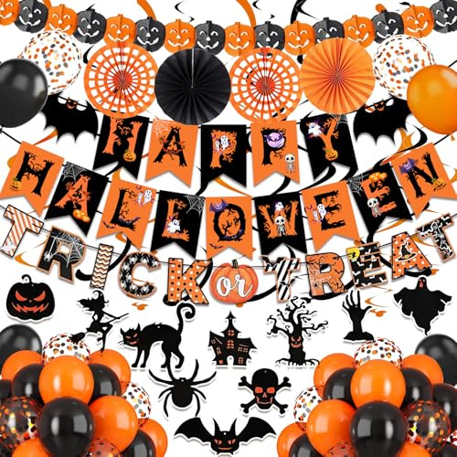 Happy Halloween Trick or Treat Banner Paper Fan Balloons & Swirl Streamers Goul Bat Cat Bird Ghost Pumpkin Lantern for Party Decorations