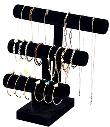 ByKen Jewelry T Bar Bracelet Display Stand,Bracelet Organizer Holder,Jewelry Display Stand, Necklace Bangle Scrunchie Watch Organizer (Black, 3 tier)