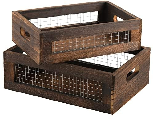 Dicunoy Set of 2 Rustic Wooden Storage Crates, Nesting Organizer Boxes, Small Decorative Wood Wire Containers with Handle for Countertop, Fruit, Veggies, Kitchen, Bathroom, Pantry Storage