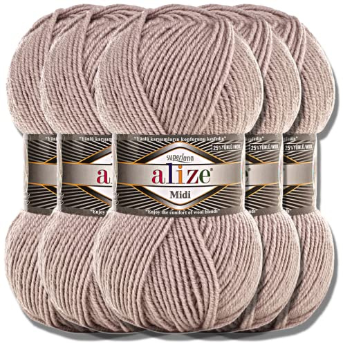 Alize 5 x 100 g Superlana Midi Türkische Premiumwolle, Baumwolle und Acryl, Handstrickgarn, einfarbig, Baby-Strickgarn, einfarbig, zum Häkeln von Kleidung (Smoky | 652)