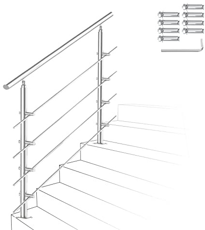 Ikodm Balustrade en acier inoxydable 120 cm avec 4 barres transversales et accessoires pour cage d'escalier, balcon, entrée de maison