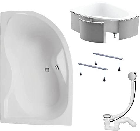 KOLMAN Badewanne DORA Eckbadewanne 170x110 Links mit Styroporverkleidung, Ablaufgarnitur und Füßen Komplettset 4in1 Premium Original Acryl Wanne Siphon