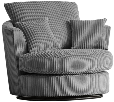 Furnishings For Less UK New Luxor Grey Fabric Swivel Chair Jumbo Cord Fabric Single Seater 360 Rotation (Grey, Swivel Chair)