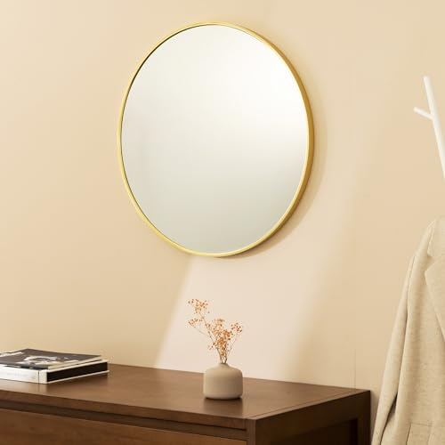 Navaris Väggspegel rund med ram – dekorativ spegel Ø 60 cm att hänga upp – badrumsspegel hall WC – rundade hörn upptill – guld