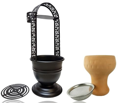 3er Set aus Shisha Kohlebehälter inkl. Tonkopf und Tabaksieb - Kohlekorb mit Tabakkopf für Shisha, Wasserpfeife Kohle | schwarzmatt - Höhe 35 cm | Grillkohlekorb mit Zangenhalter | Charcoal Basket