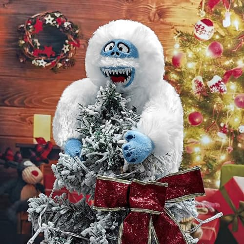 Plush Snow Monster Christmas Tree Topper Funny Stuffed Snowman Hugger Christmas Tree Ornament Cute White Ape Tree Top Decorations Indoor (White, 23cm/9inch)