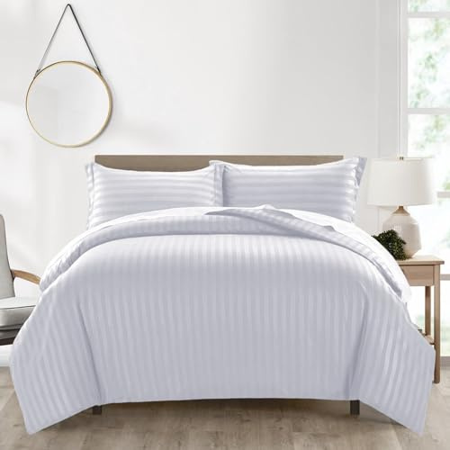 AR Ware White Duvet Cover Set - Hotel Quality Satin Stripes Quilt Cover Bedding Sets with 1 Pillowcase - Hypoallergenic, Soft Reversible Microfiber Bed Covers (Single)
