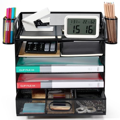 Schreibtisch Organizer，Desk Organizer，Ablage Schreibtisch，Briefablage 5-stöckiger Schreibtisch Organizer mit 2 Stifthalter, 2-Feilenregale aus Metall, Große Kapazität, Lösung aller Speicherprobleme