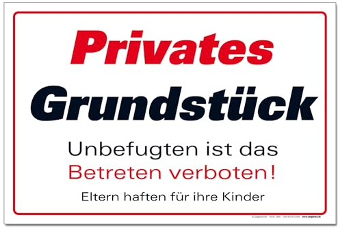 BUEWA Schilder Privates Grundstück Betreten verboten Schild Hinweisschild PVC 300 x 200 x 3 mm Vorgebohrt B1-Zertifiziert