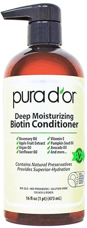 PURA D'OR Deep Moisturizing Biotin Conditioner Thickens, Softens, & Moisturizes Dry, Frizzy, Damaged Hair w/Argan Oil, Pumpkin, Rosemary, Honeysuckle, Vitamin E, Men & Women, 16oz