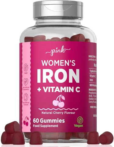 Iron Gummies for Women | 100% NRV Supplement with Vitamin C | High Strength 14mg Iron | Natural Cherry Flavour | Vegan 60 Gummies | PINK
