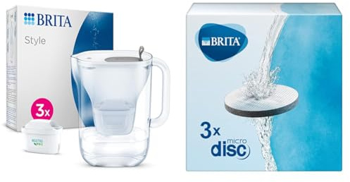 BRITA Carafe Filtrante Style Grise (2,5l) incl 3 cartouches filtre eau robinet & Pack de 3 filtres Microdisc, pour bouteilles et gourdes filtrantes, réduit le chlore, le plomb et autres