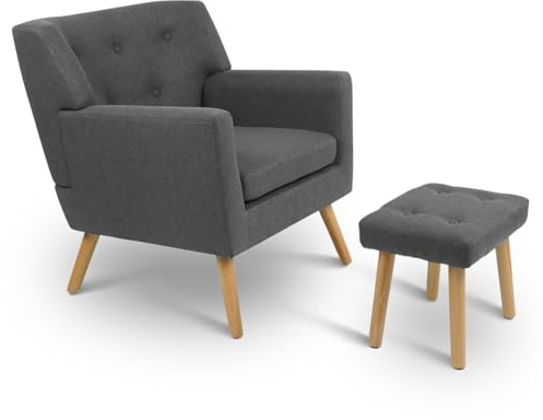 IDMarket - Fauteuil scandinave LIV avec Repose Pieds en Tissu Gris Anthracite