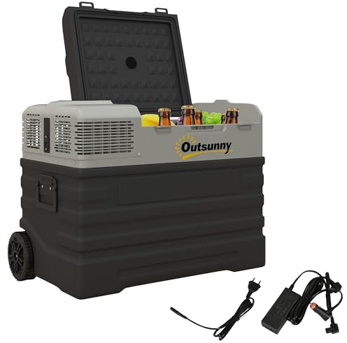 Outsunny 56 Liter Kompressor Kühlbox elektrische Kühlbox mit ECO Modus Anschluss Kühlfunktion Gefrierbox Thermobox Mini Kühlschrank 12/240 Volt für Auto Steckdose LKW Camping Boot Schwarz