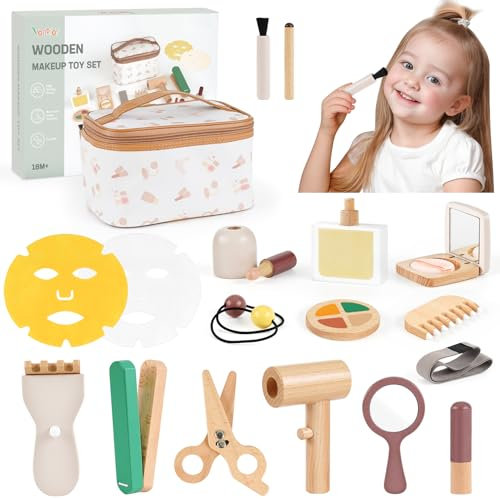 Vanplay Schminkkoffer Mädchen, Make-up-Spielzeug ab 2 3 Jahre Mädchen für Rollenspie, Holzschminke Spielset Holz Kinderschminke Set, Geschenk für Geburtstag für Kinder ab 2 3 4 Jahre (18 Stück)