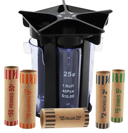 Tubo per contatore di monete, organizer per monete 5 in 1 con involucri per monete, contatore per cambiare, rullo per monete, porta monete, facile da usare e preciso