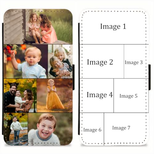 EKAM Personalised Case For iPhone 17, 16, 15, 14, Pro, Max, Plus 13, 12, 11, X, XS, XR, SE, 8, 7 - Custom Photo/Image Collage Layout Design on PU Leather Wallet Magnetic Flip Folio Cover (7 Images)