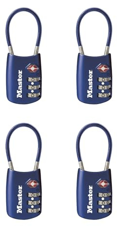 Master Lock 4688BLUEC4 Gepäckschloss, Reise-Reißverschluss-Vorhängeschloss, ideal für Koffer, Taschen oder Rucksäcke, 4 Stück, Blau