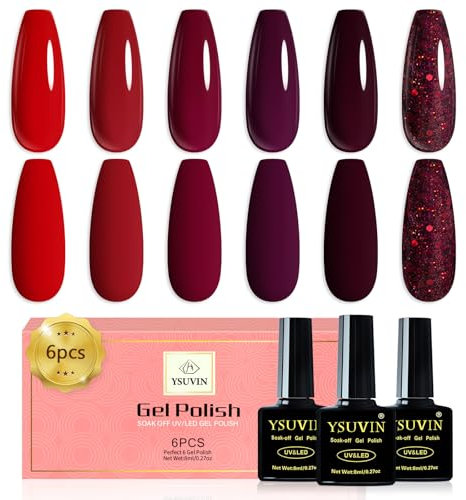 YSUVIN Smalto Semipermanente Unghie, 6 Colori Bordeaux Scuro Vintage Rosso Vino Viola Glitter, UV/LED DIY Manicure Kit Nail Art Salone, 8 ML